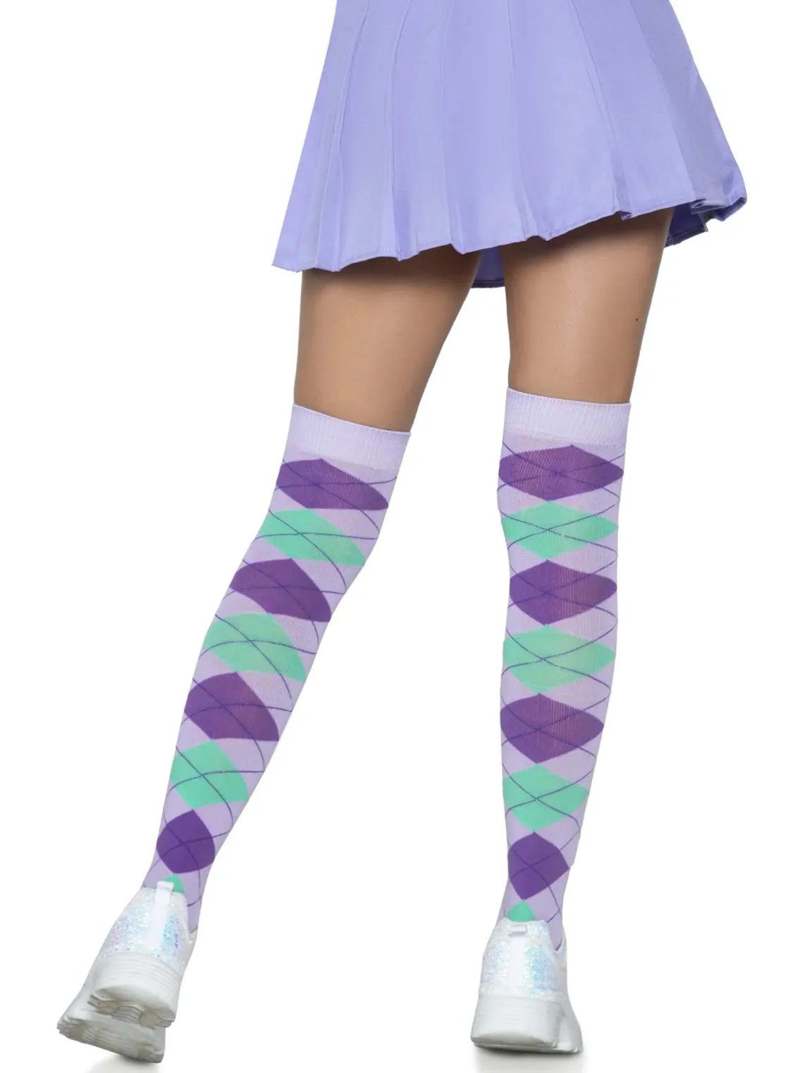 Argyle Plaid Over The Knee Knit Socks in Lavender and Mint Green