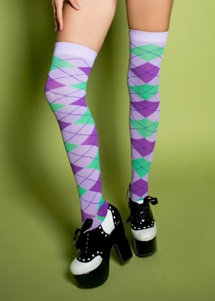 Argyle Plaid Over The Knee Knit Socks in Lavender and Mint Green