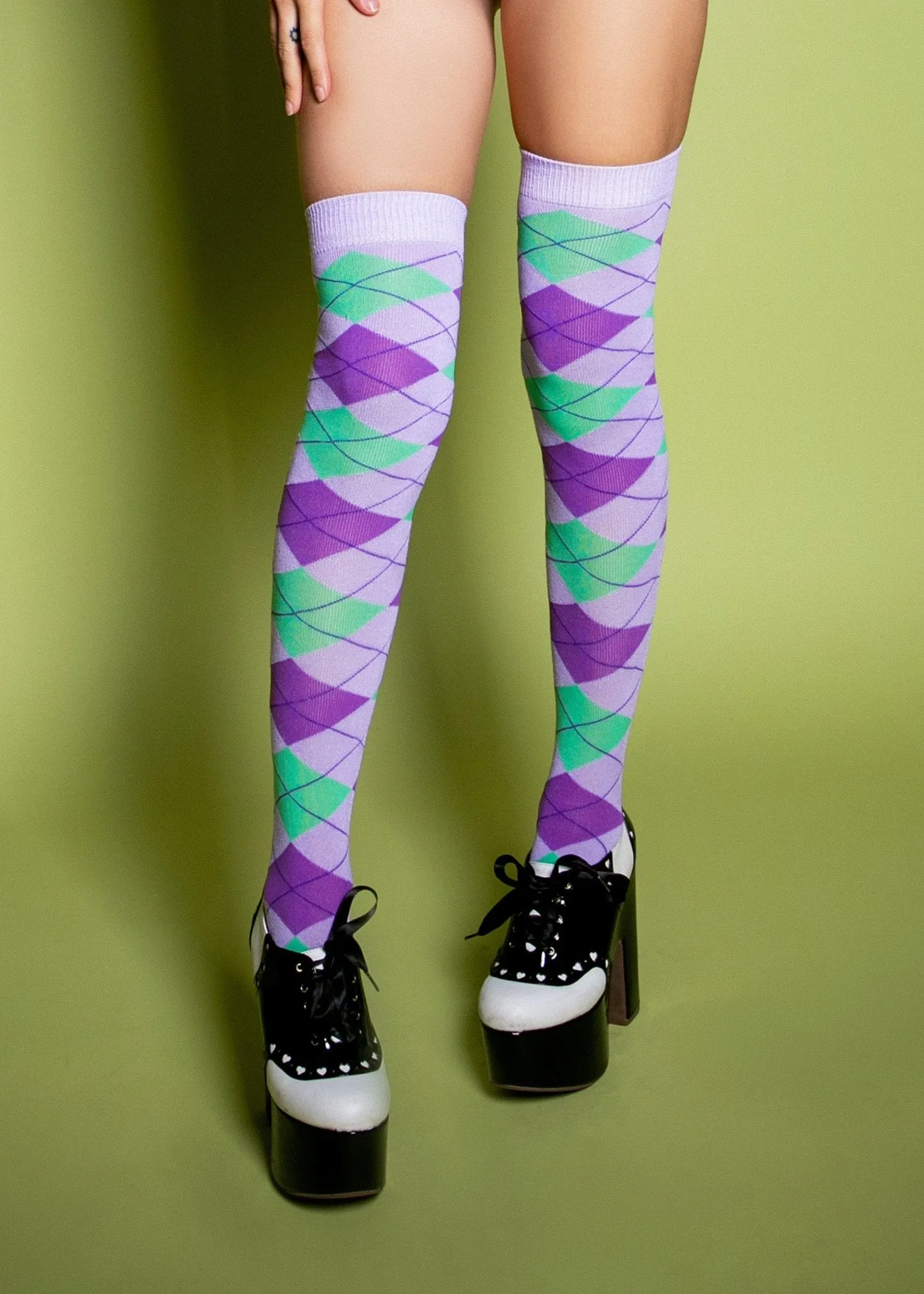 Argyle Plaid Over The Knee Knit Socks in Lavender and Mint Green