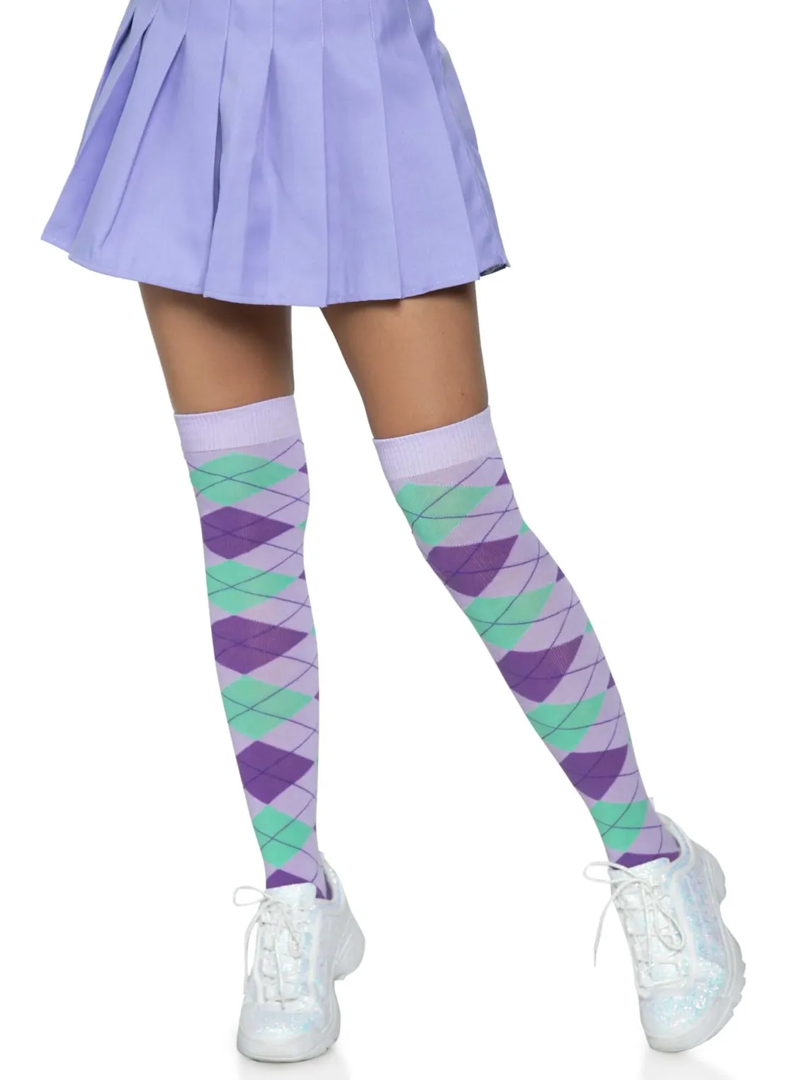 Argyle Plaid Over The Knee Knit Socks in Lavender and Mint Green