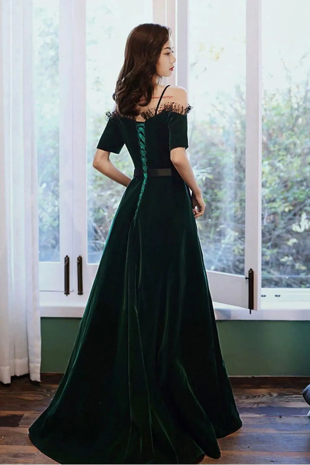 Charming A Line Off the Shoulder Dark Green Long Prom Dress with Bowknot