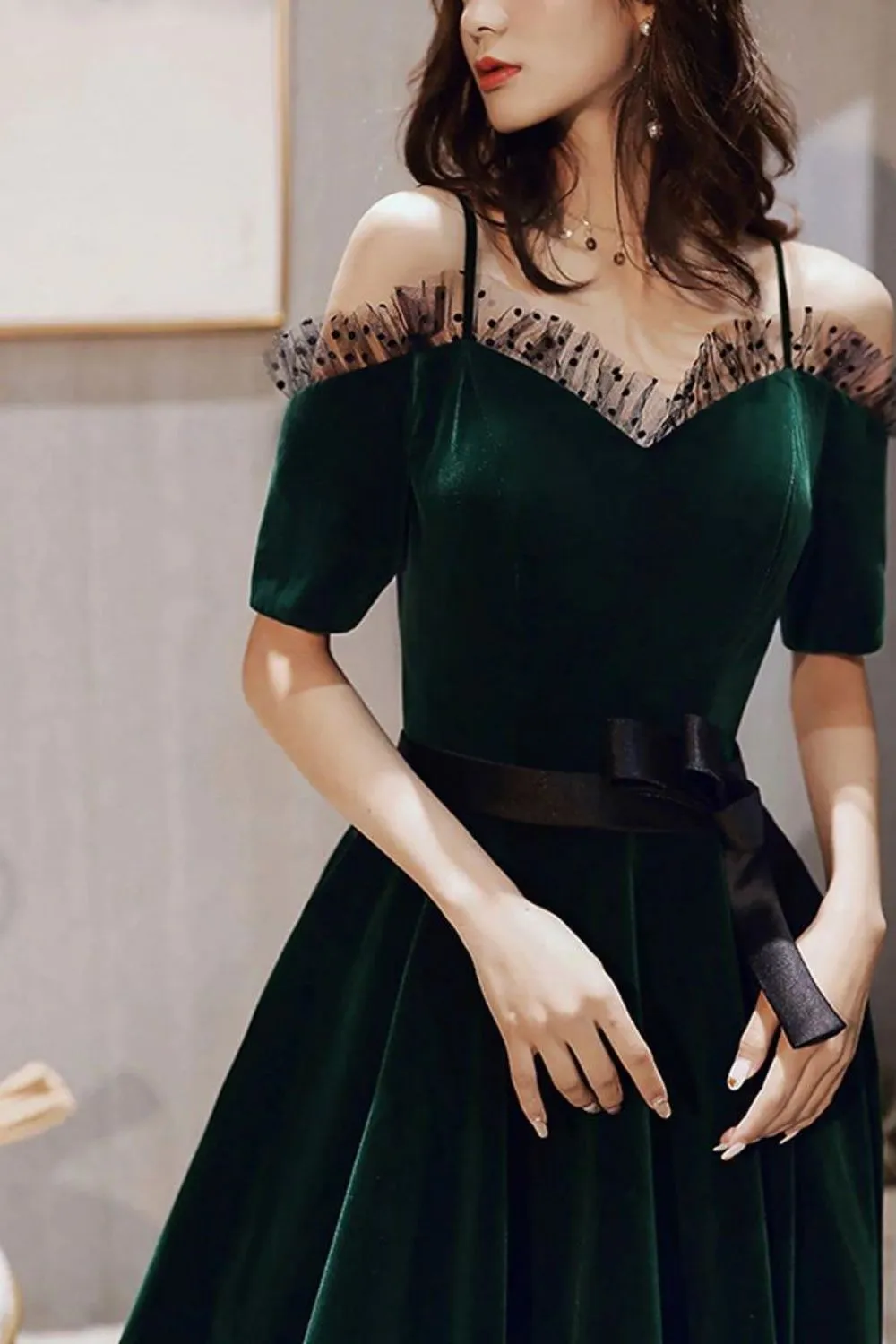 Charming A Line Off the Shoulder Dark Green Long Prom Dress with Bowknot