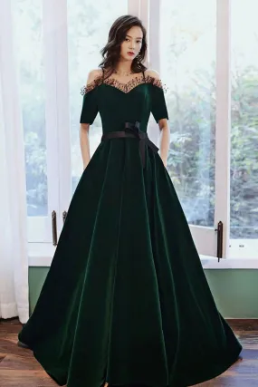 Charming A Line Off the Shoulder Dark Green Long Prom Dress with Bowknot