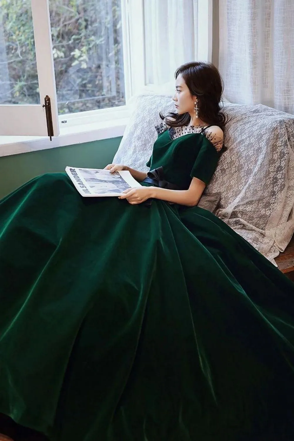 Charming A Line Off the Shoulder Dark Green Long Prom Dress with Bowknot