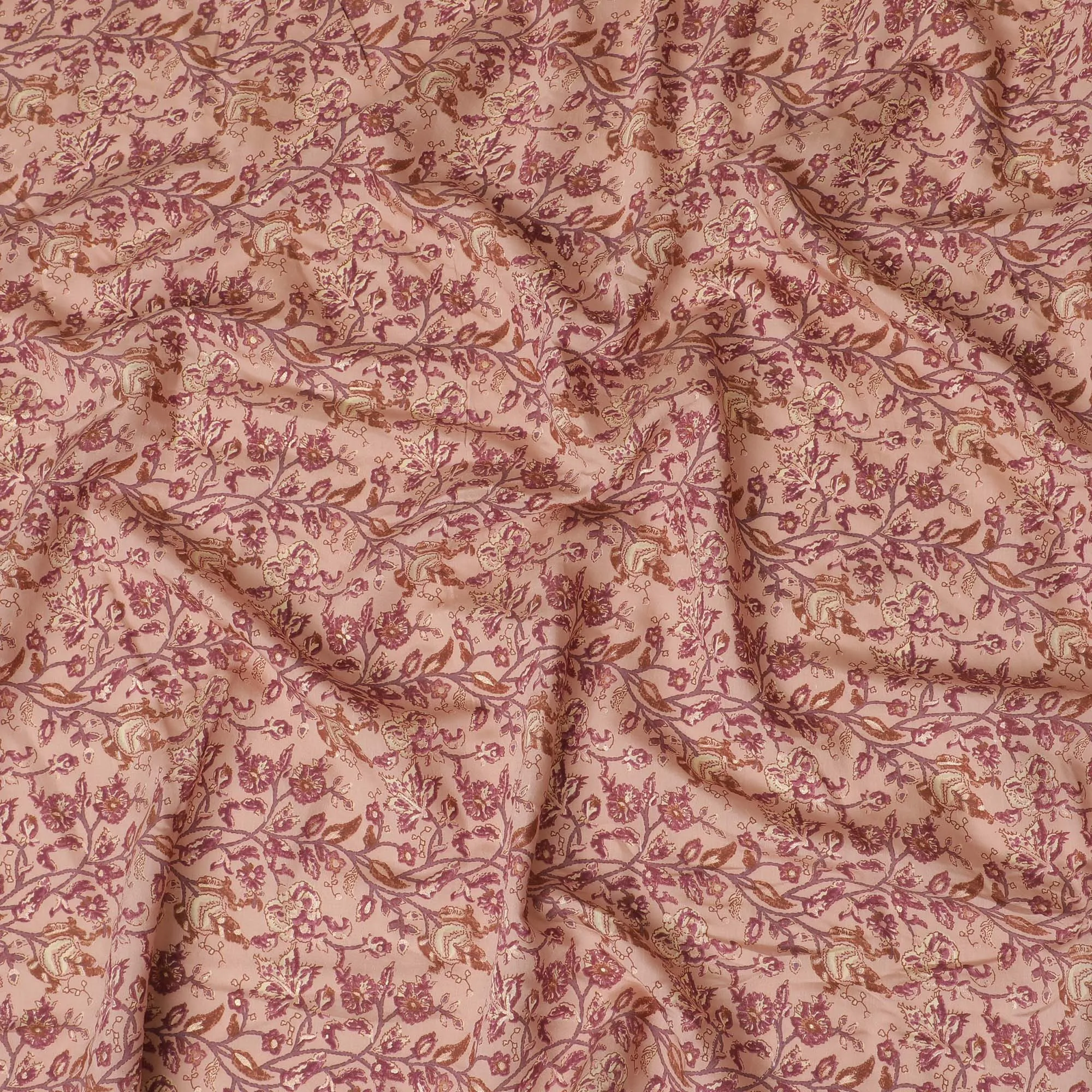 Elegant Blush Pink Cotton Lawn Fabric with Gold Floral Print, 110 cm Wide-D19145