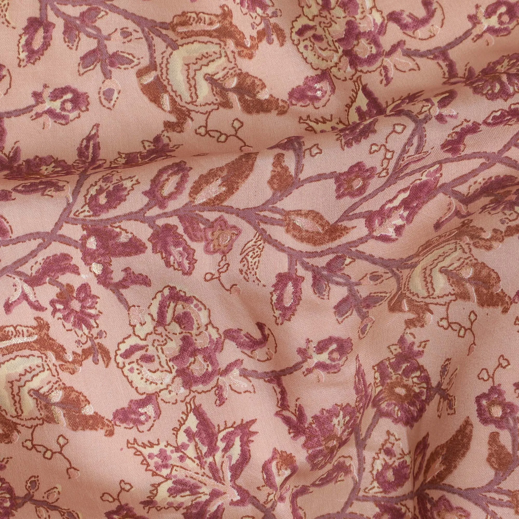 Elegant Blush Pink Cotton Lawn Fabric with Gold Floral Print, 110 cm Wide-D19145