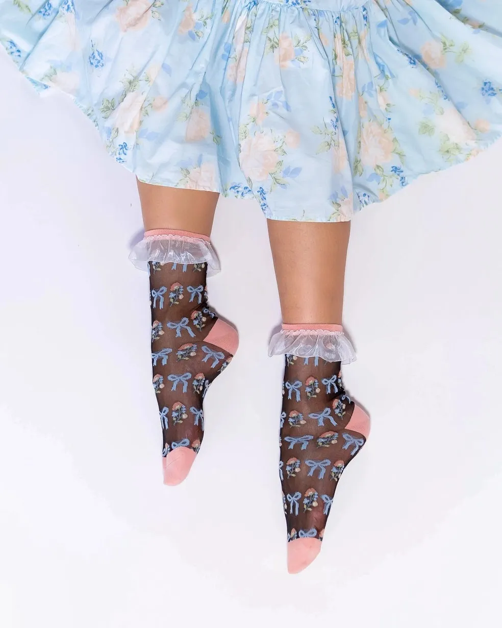 Floral Bow Sheer Ruffle Ankle Sock