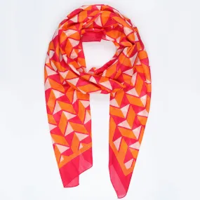 Geometric Print Bordered Cotton Scarf in Fuchsia