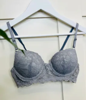 Grey Delicate Lace Padded Wired Bra