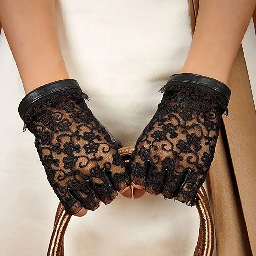 HIGHSHINE Women Genuine Leather Lace Half Finger Driving Gloves Dancing