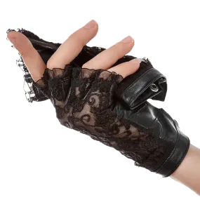 HIGHSHINE Women Genuine Leather Lace Half Finger Driving Gloves Dancing