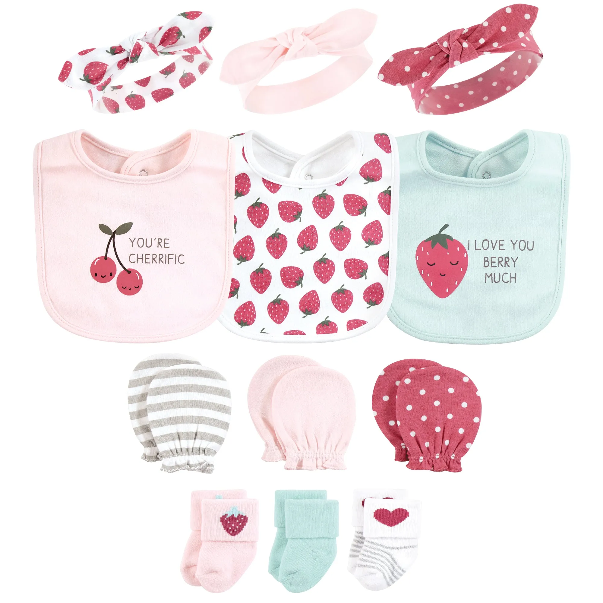 Hudson Baby Caps or Headbands, Bibs, Mittens and Socks 12pc Set, Strawberry