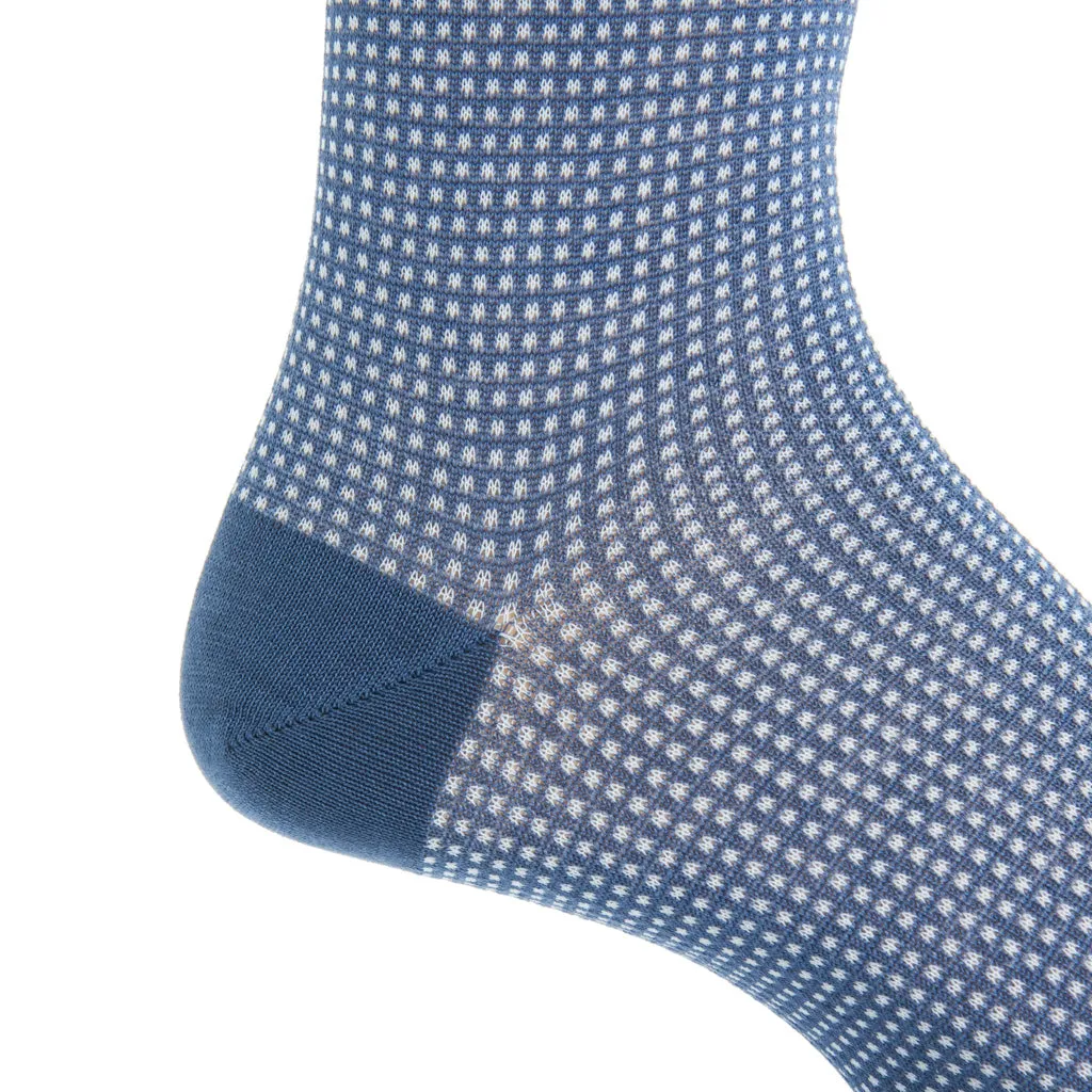 Indigo Blue and White Grenadine Cotton Sock Linked Toe Mid-Calf