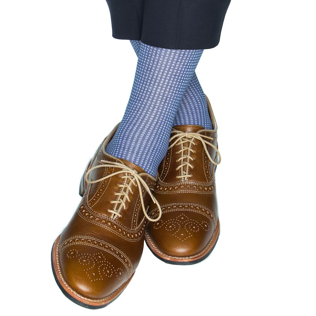 Indigo Blue and White Grenadine Cotton Sock Linked Toe Mid-Calf