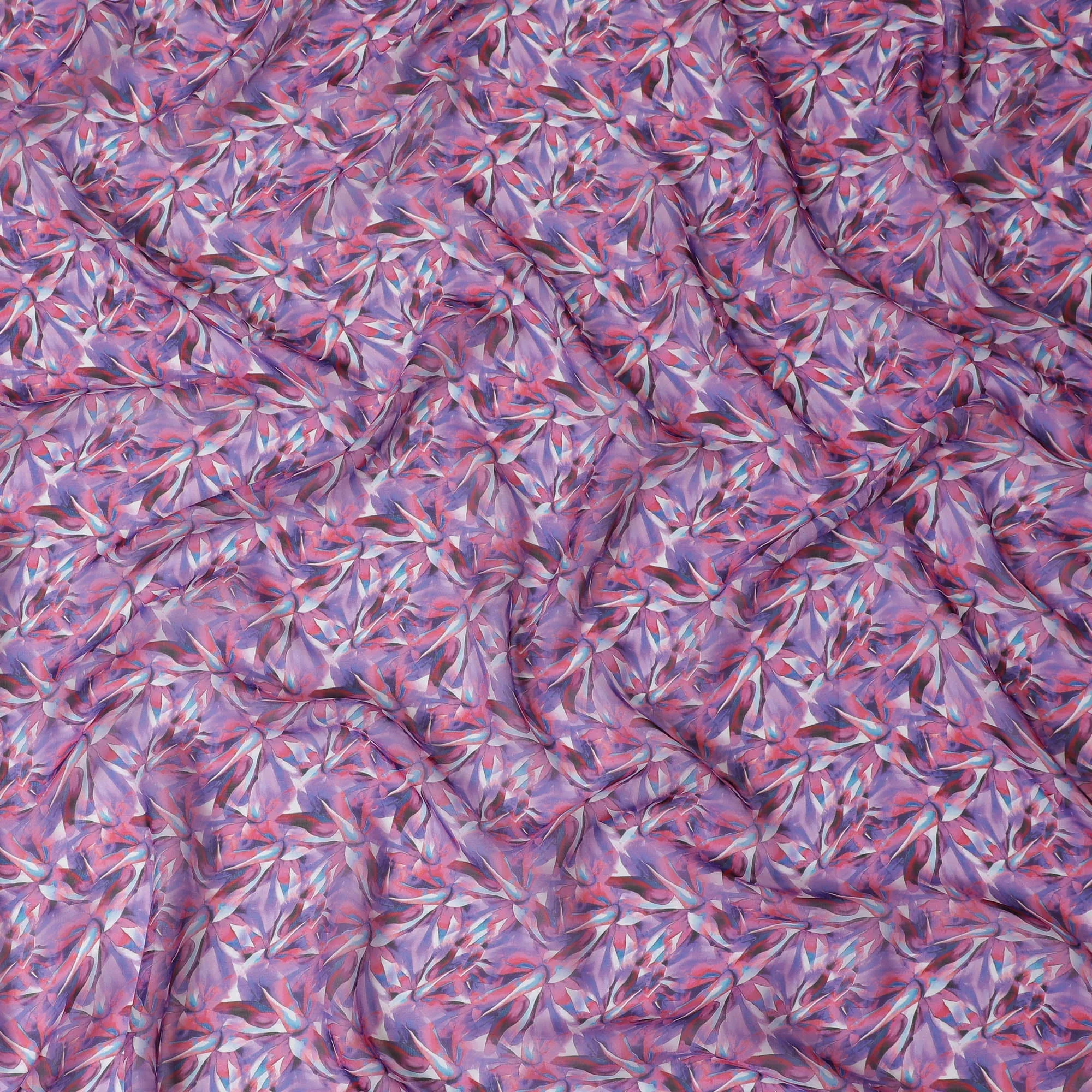 Lavender Synthetic Chiffon Fabric with Pink and Blue Leaf Print, 140 cm Wide-D19120