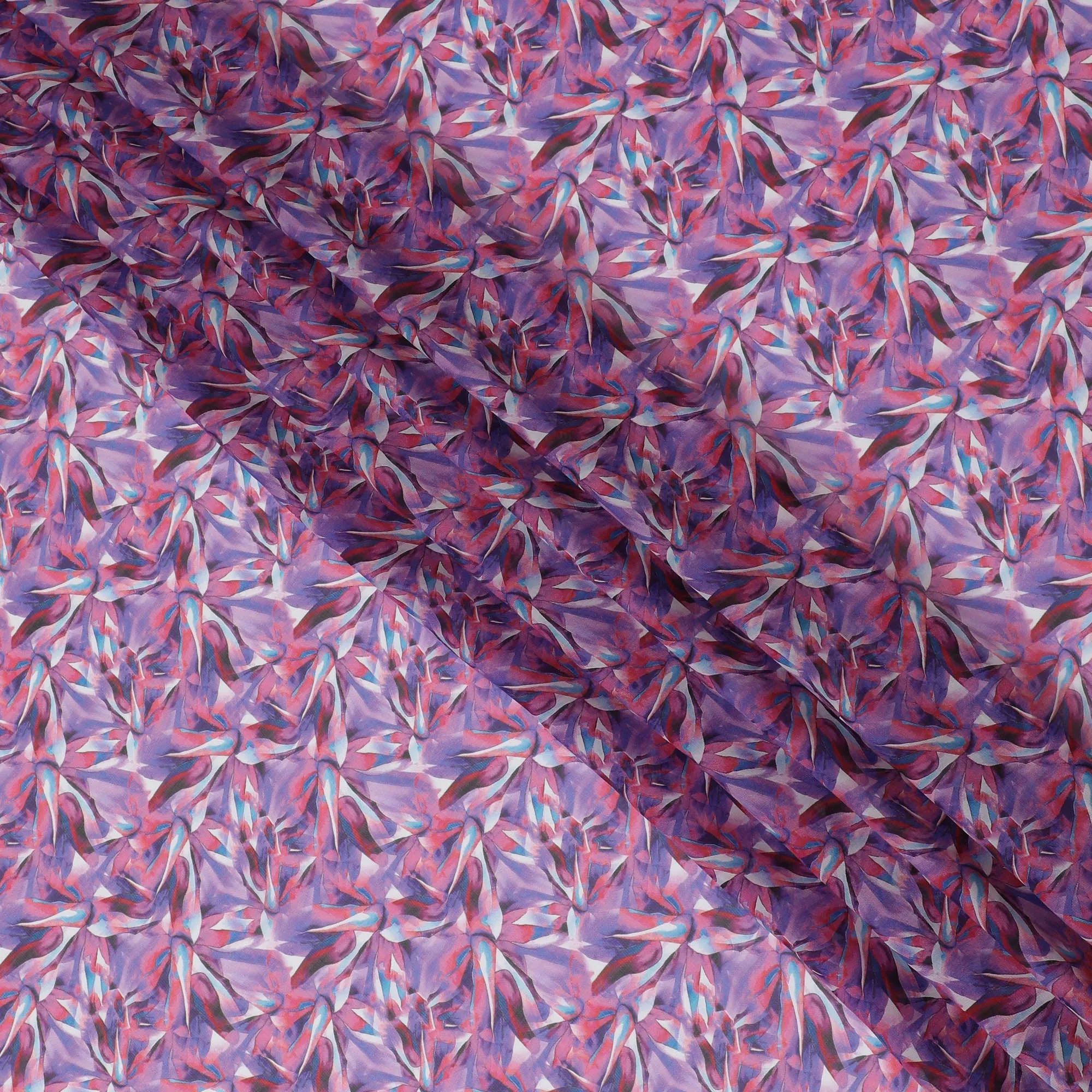 Lavender Synthetic Chiffon Fabric with Pink and Blue Leaf Print, 140 cm Wide-D19120