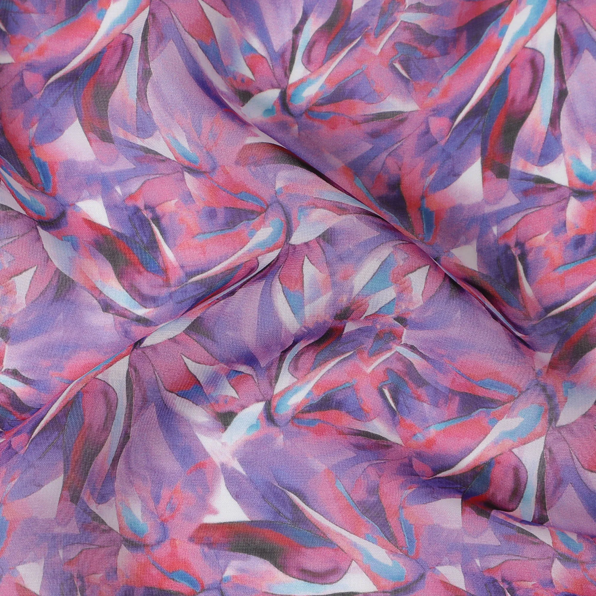 Lavender Synthetic Chiffon Fabric with Pink and Blue Leaf Print, 140 cm Wide-D19120