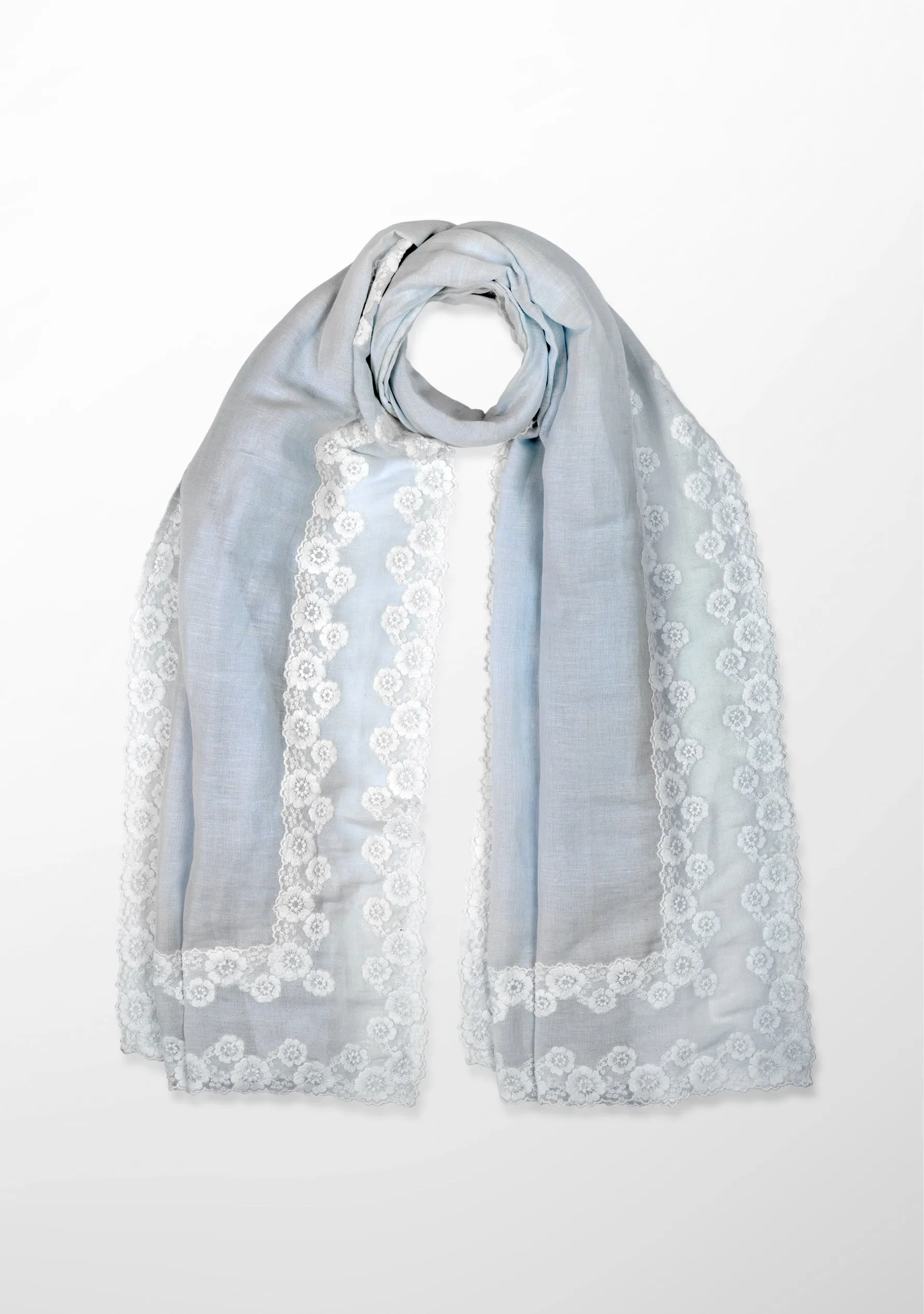 Lt. Blue Linen and Modal Scarf with a Double White Lace Border