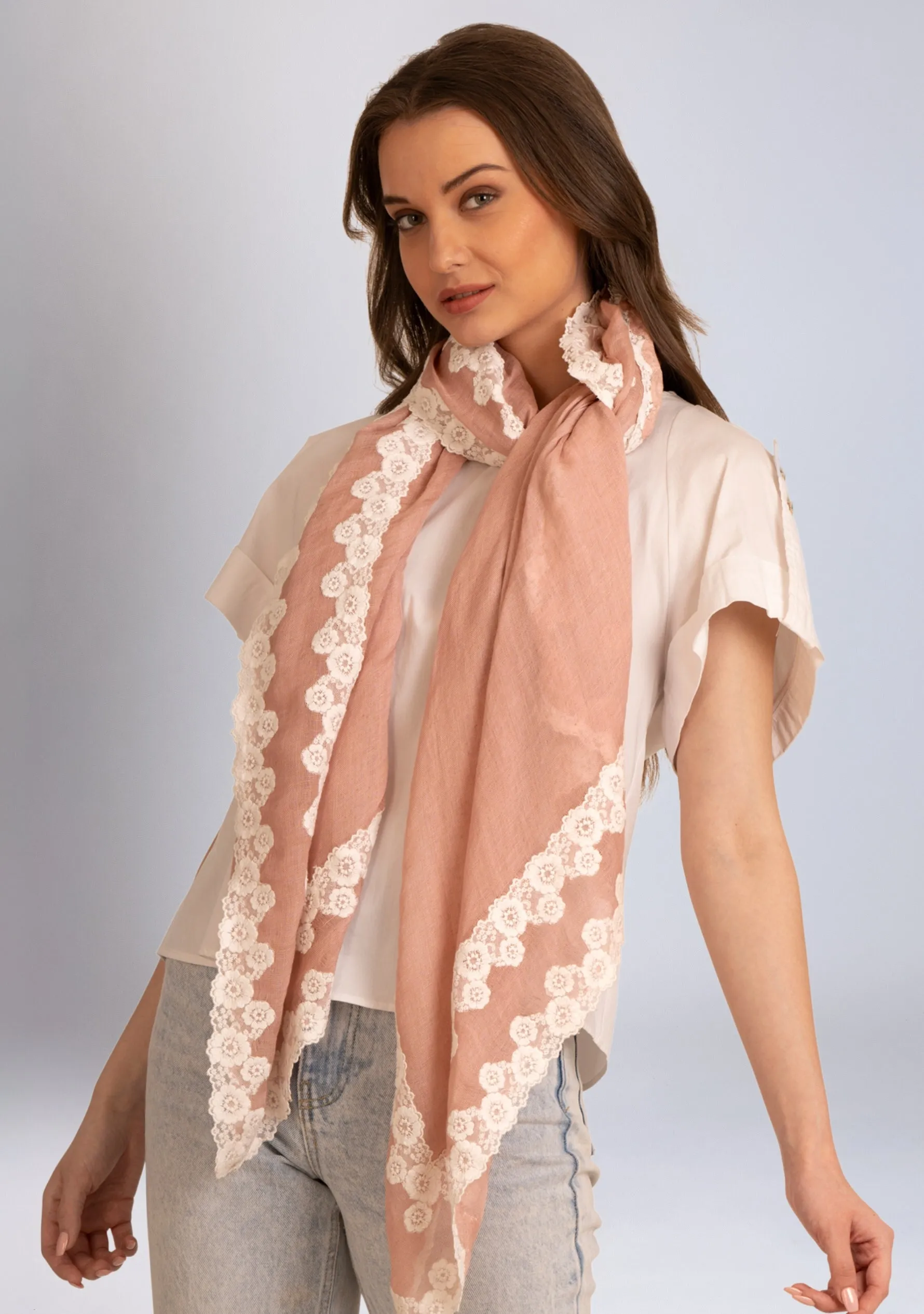 Lt. Copper Linen and Modal Scarf with a Double White Lace Border