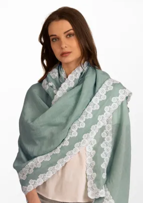 Lt. Sage Green Linen and Modal Scarf with a Double White Lace Border