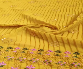 Mustard Traditional Pleated Thread & Sequins Embroidered Daaman Georgette Fabric