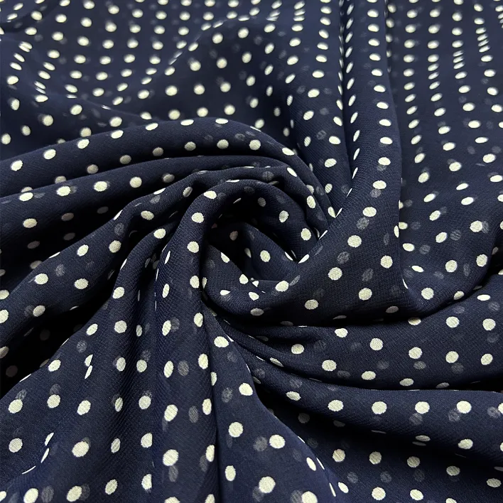 Navy Blue & White Polka Dot Printed Georgette Fabric