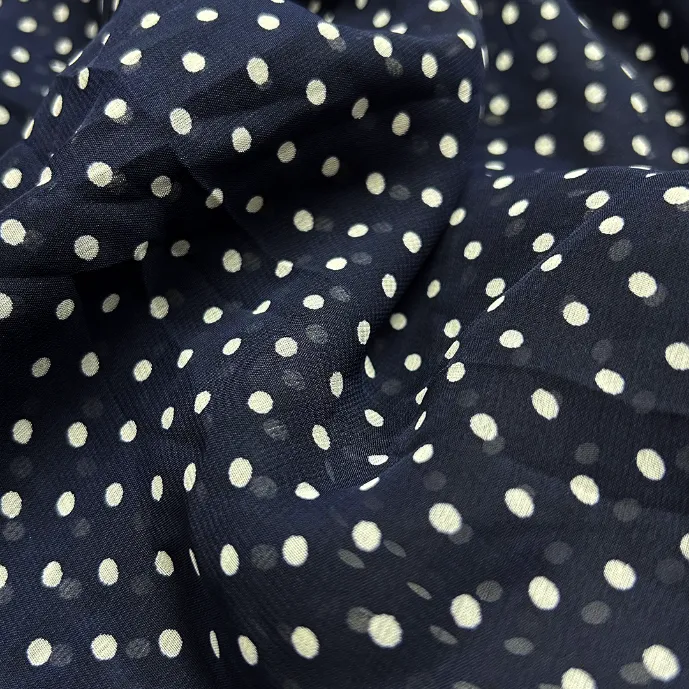 Navy Blue & White Polka Dot Printed Georgette Fabric