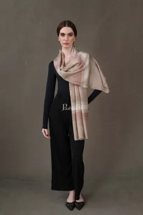 Pashtush Womens Stole, Extra Fine Wool-Silk, Twilight Collection, Beige and Ivory