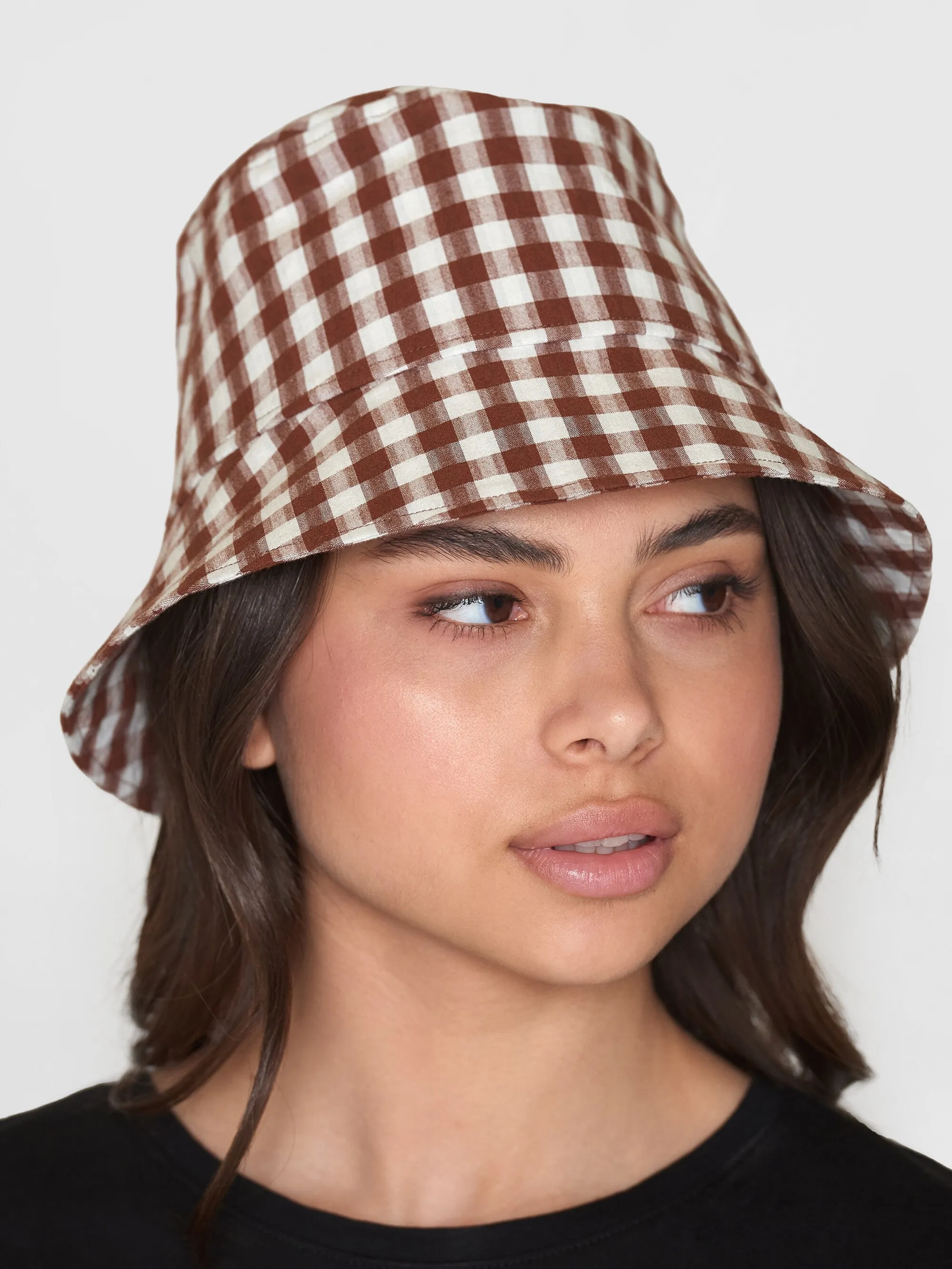 Seersucker checkered bucket hat - GOTS/Vegan - Brown check