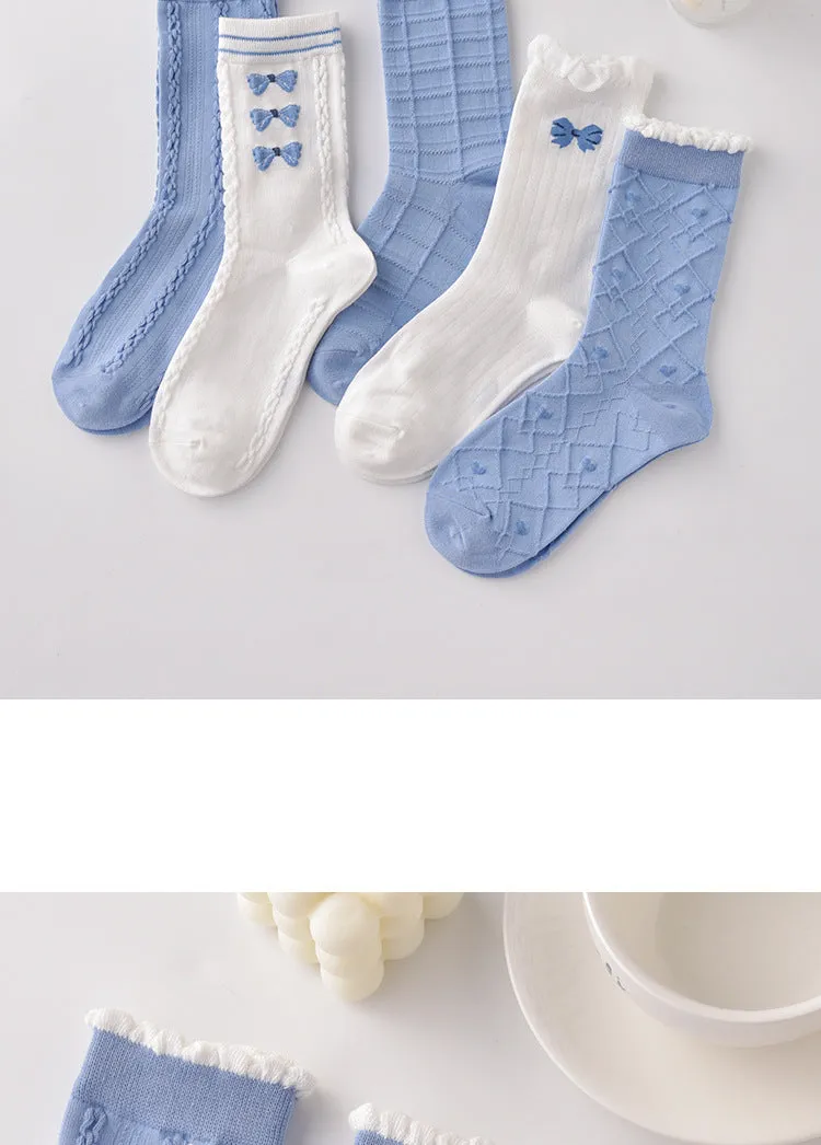 SweetBloom Blue Mid-Calf Socks - Japanese JK Style with Cute Floral Trim