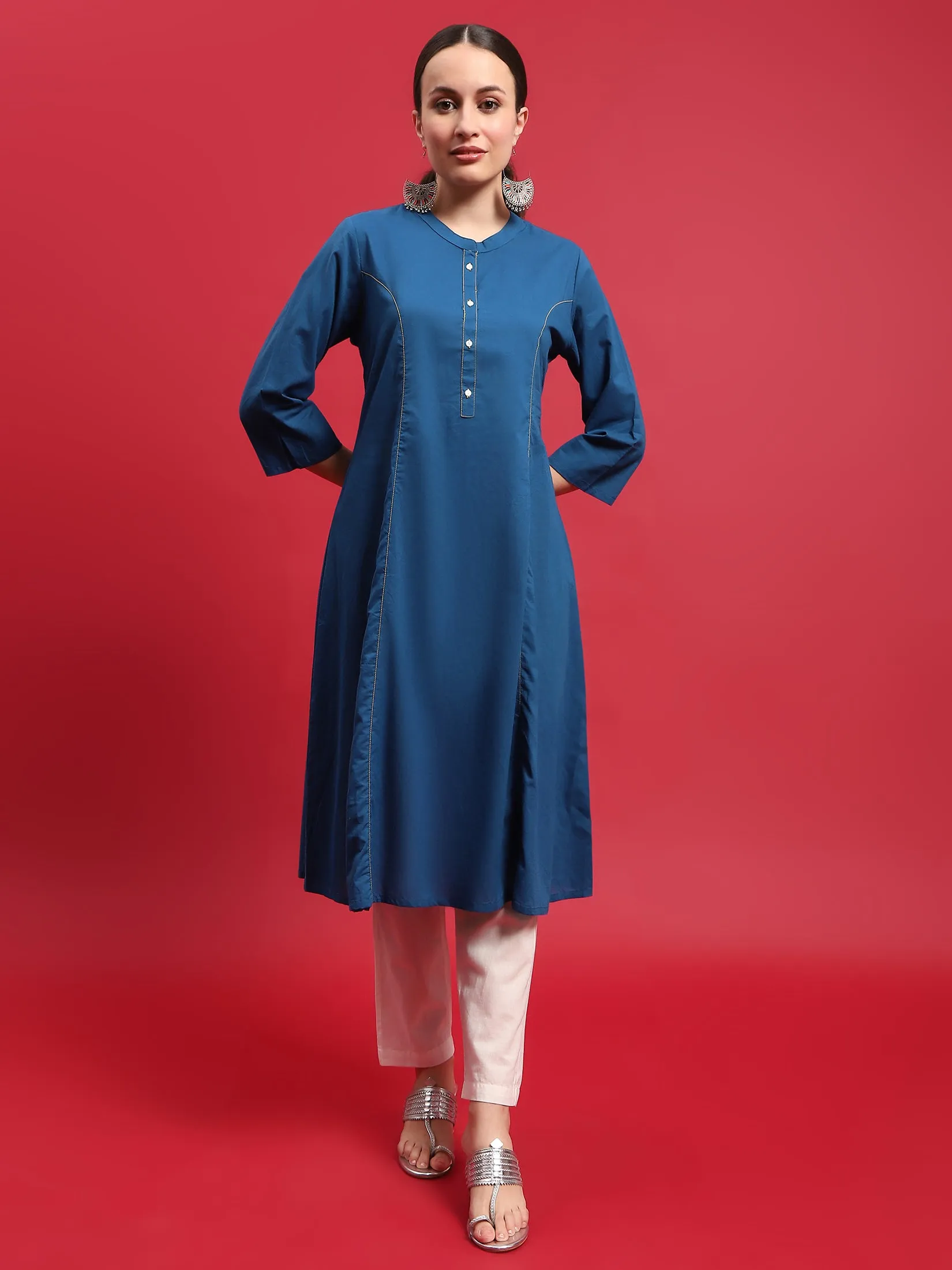 Women Cotton Blue Solid Kurta