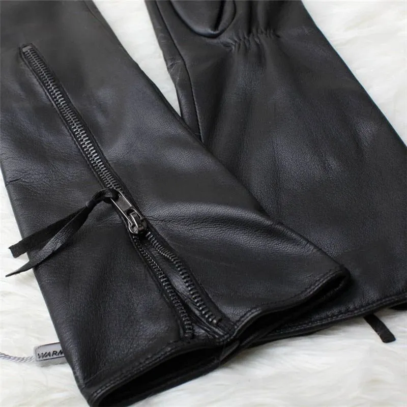 Women's Genuine Leather Gloves Autumn Winter Sheepskin Gloves Zipper Long Style Thin Velvet Lined L031NQ