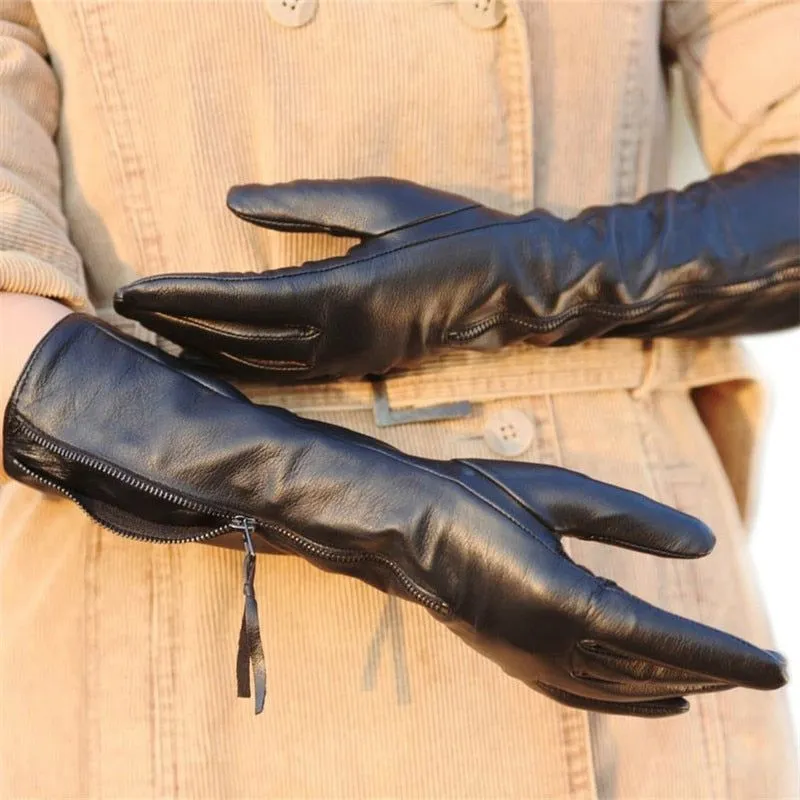 Women's Genuine Leather Gloves Autumn Winter Sheepskin Gloves Zipper Long Style Thin Velvet Lined L031NQ